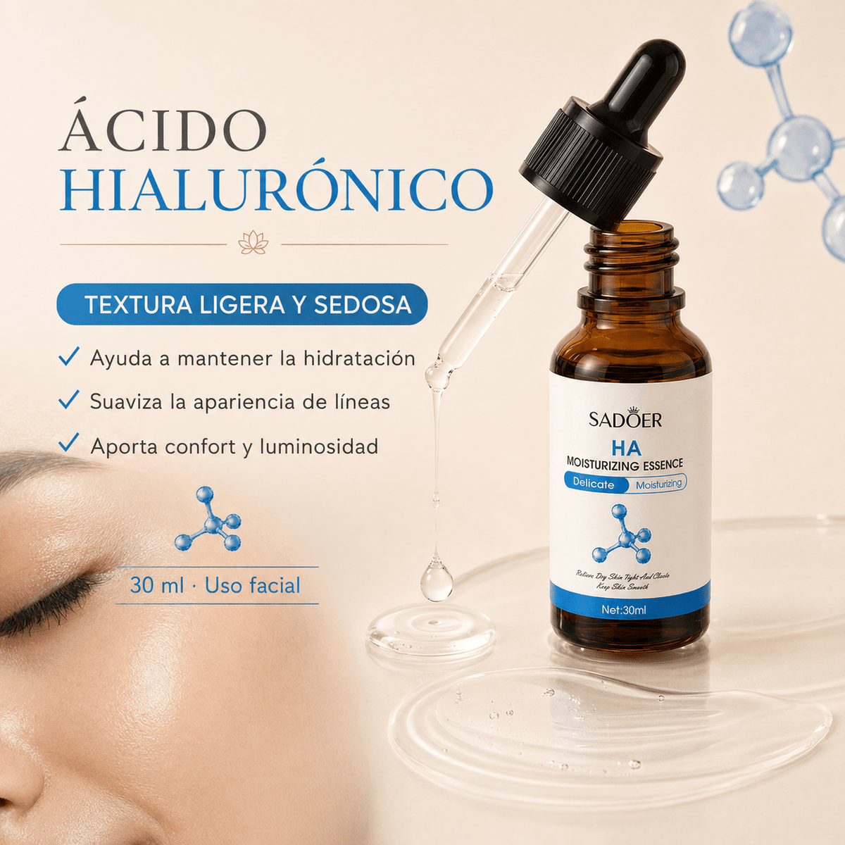 Esencia Hidratante Hialurónica HA – Hidratación Profunda y Antiedad (30g) - Terenya